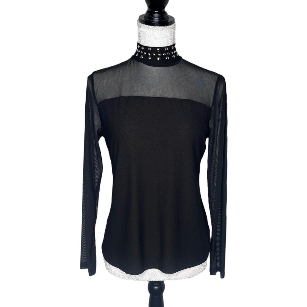 A Love Story Black Sheer Neckline & Sleeves Sz S Stretch Silver Studded Neck Top
